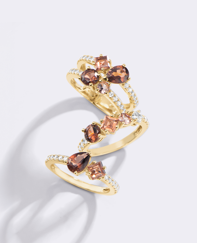 Anéis Life da coleção Mocha em Prata 925 com Banho de Ouro Amarelo 18k, Pedras Marrons e Incolores e