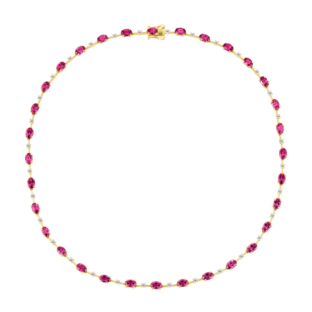 Colar Duquesa em Ouro Amarelo 18k com Rodolitas e Diamantes 1,47 ct, 45 cm