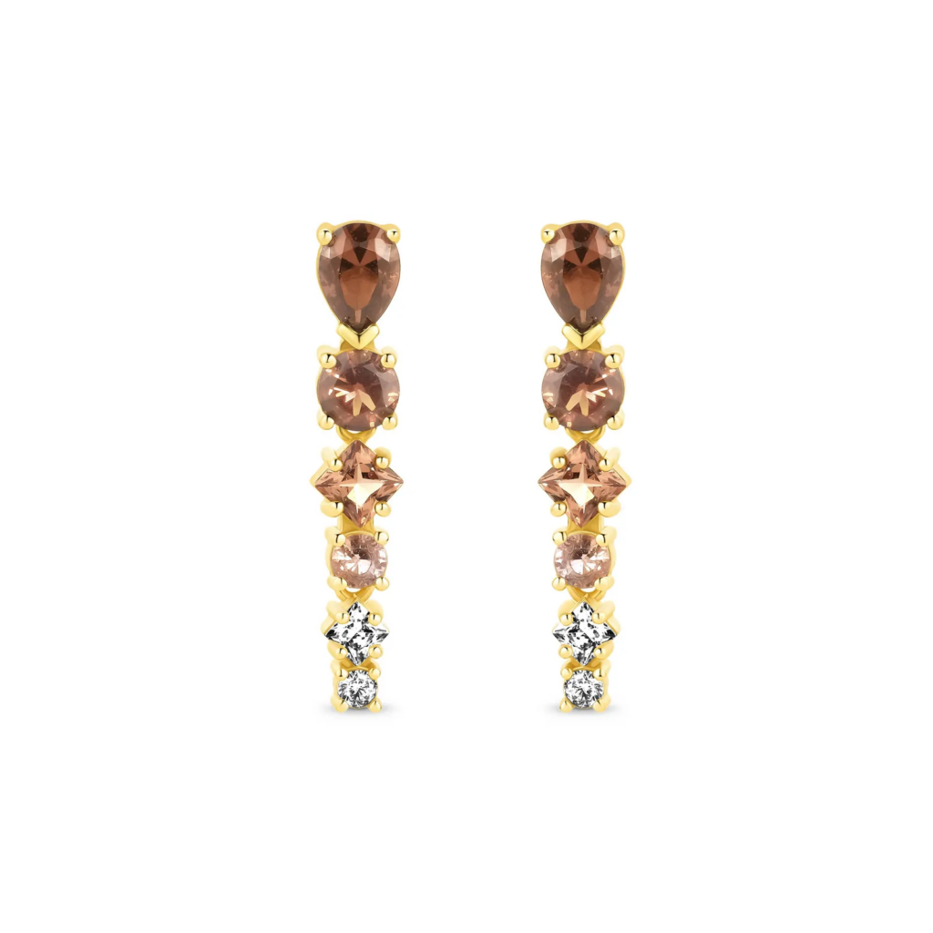 Brinco Life Mocha em Prata 925 com Banho de Ouro Amarelo 18k, Pedras Marrons e Incolores