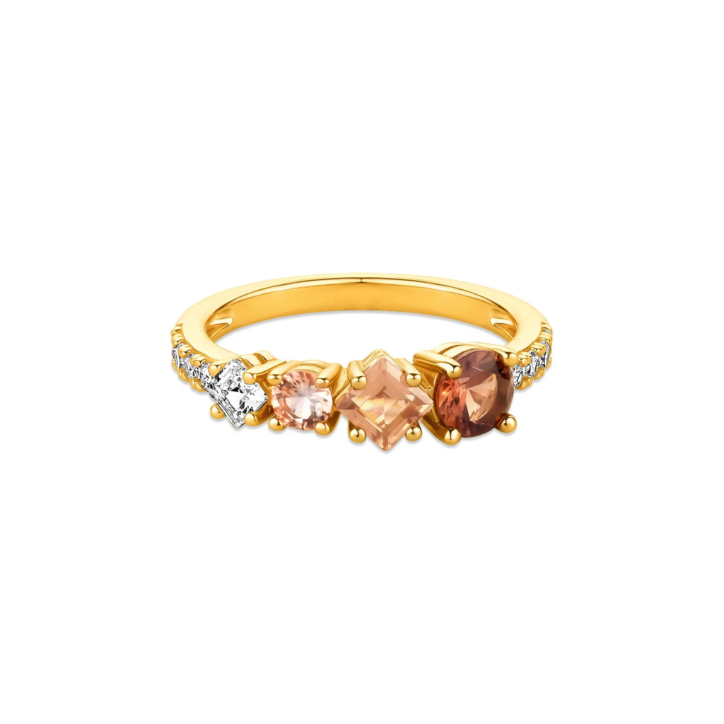 Anel Life Mocha em Prata 925 com Banho de Ouro Amarelo 18k, Pedras Marrons e Incolores