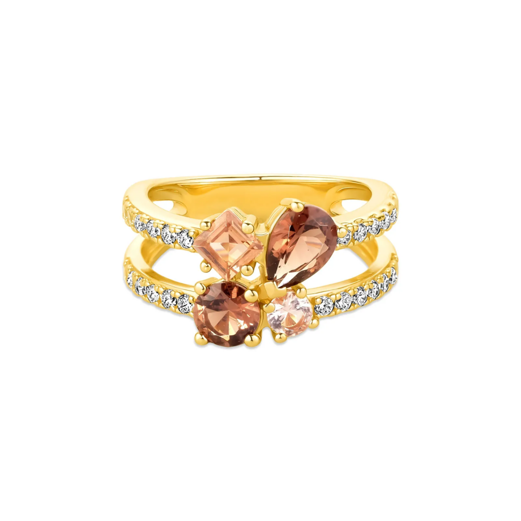 Anel Life Mocha em Prata 925 com Banho de Ouro Amarelo 18k, Pedras Marrons e Incolores 